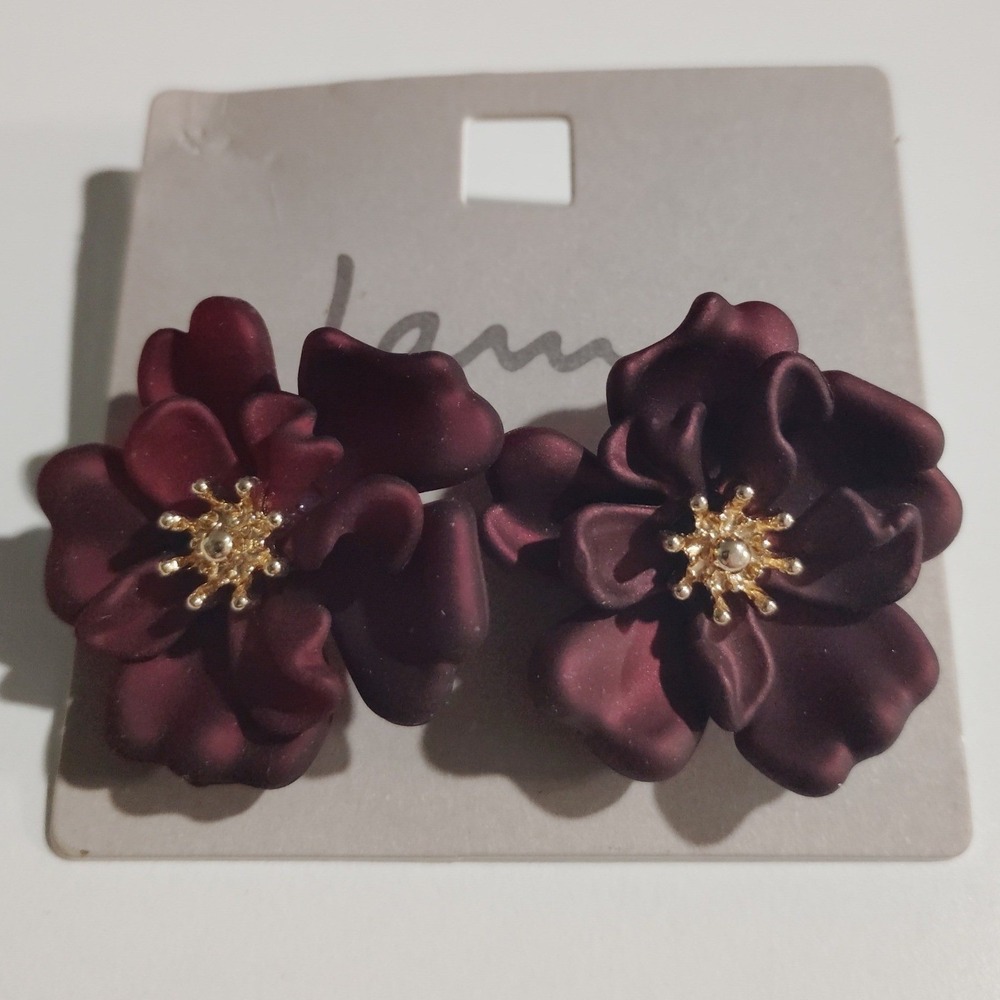I Am Burgundy Floral Statement Stud Earrings Matte Deep Red Flower Post Backs